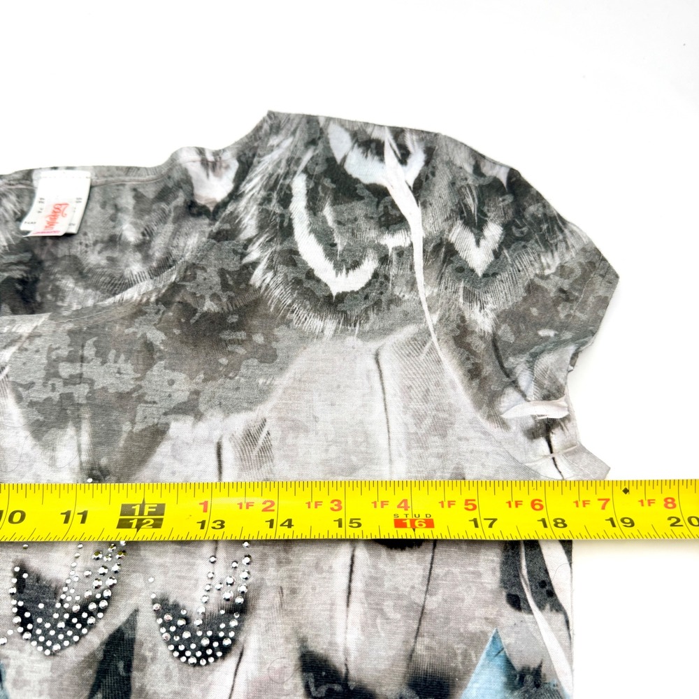 Y2K Bohemian Army Womens XL Feather Print Rhinestone Short Sleeve Top Blue Grey - Picture 3 of 8
